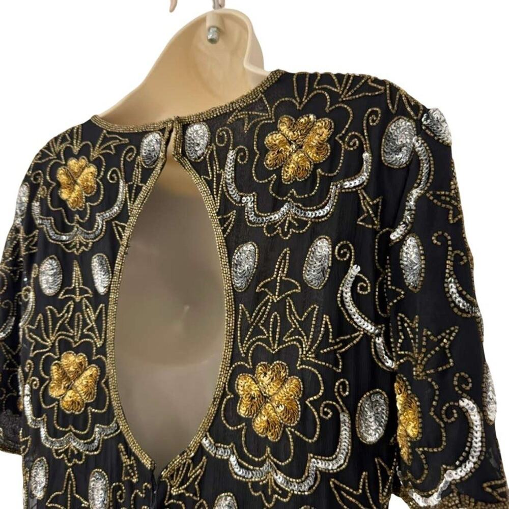 Adrianna Papell Evening Vintage Gold Silver Beaded Knee Length Formal Dress 12 - Picture 10 of 16